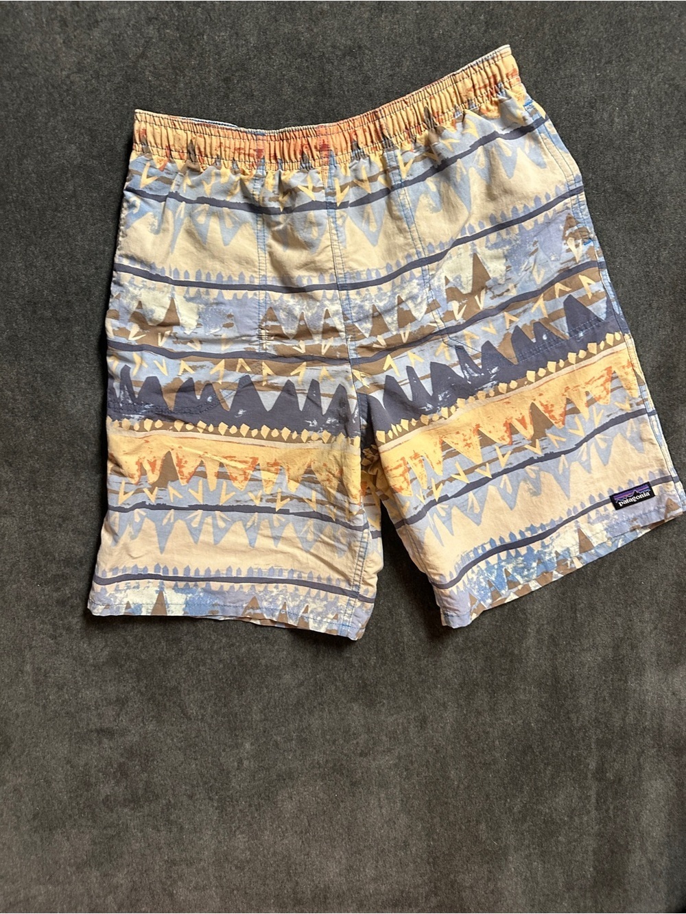 Patagonia Kids XXL Printed Swim Trunks Board Shorts Blue Tan Orange